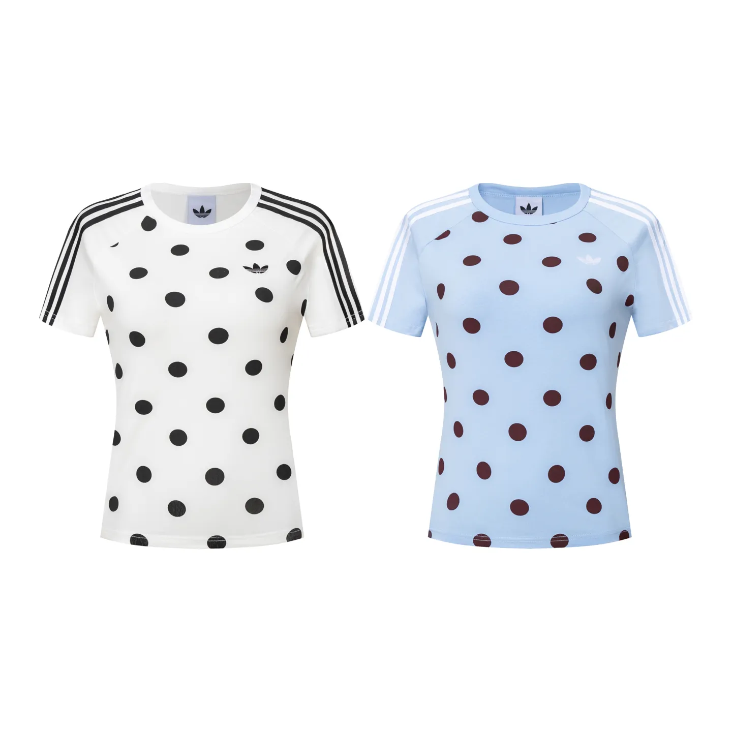 Adidas Clover Hot Sale Polka Dot Two-Color Short Sleeve T-Shirt This Adidas Clover Polka Dot Short Sleeve T-shirt has a creamy white base with Black polka dots, retro and playful! The three stripes on the side of the sleeves and the clover logo on the chest are full of sportiness. The slim cut shows the shoulder line, and the elastic fabric is breathable. It is super comfortable to wear in summer. Whether it is worn with jeans, overalls or short skirts, you can easily switch between sweet and cool or college style. It is very popular in daily outings, sports, and photo shoots. Style number: A 214# Color: White Blue Size: S M L XL XXL